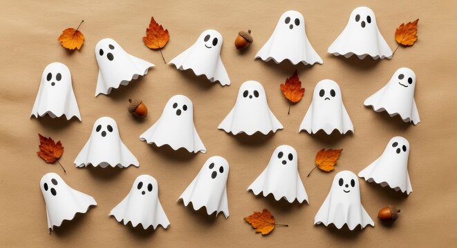 Cute Halloween ghost figurines with autumn leaves on beige background