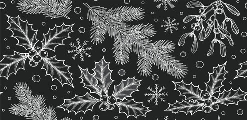 Chalkboard Christmas Decorations A Festive Pattern of Holly, Pine, and Snowflakes