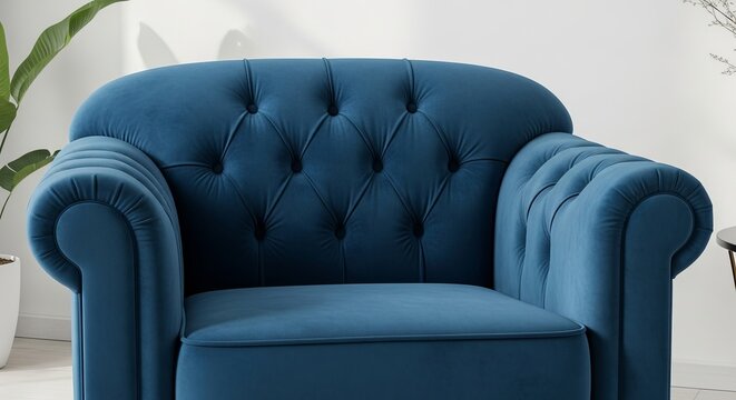 A plush, deep blue velvet armchair with button tufting on the back and rolled arms. - Powered by Adobe