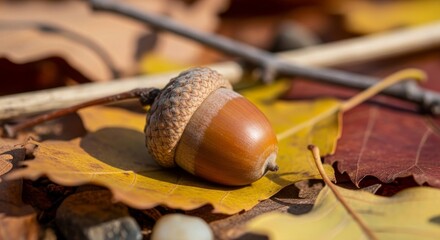 A single acorn rests on a bed of autumn leaves, with twigs and other leaves blurred in the background. Colors range from brown to yellow to red.