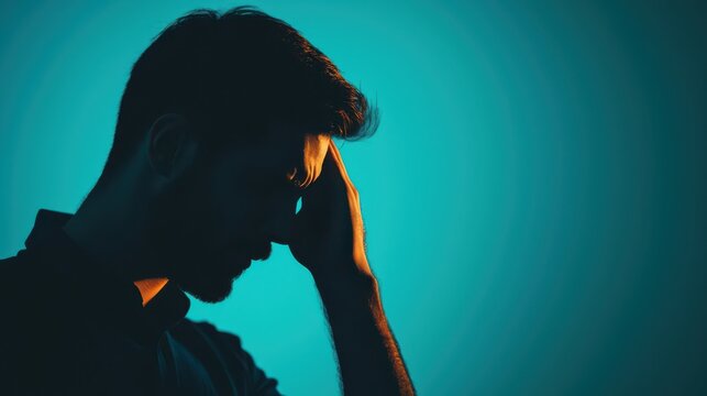 A silhouette of a man holding his head in a contemplative pose against a blue background, evoking feelings of stress or deep thought.