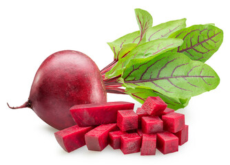 Red beetroot and beetroot cubes isolated on a white background.