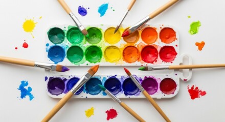 Overhead shot of a watercolor palette with paints in rainbow colors and paintbrushes scattered around on a white surface.