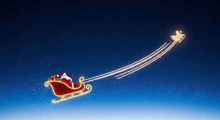 Santa Claus flying sleigh through starry night sky leaving glittering trail