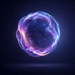 Abstract pink and purple neon sphere with glowing energy texture on black background, futuristic 3D digital illustration for cosmic, science and technology themes