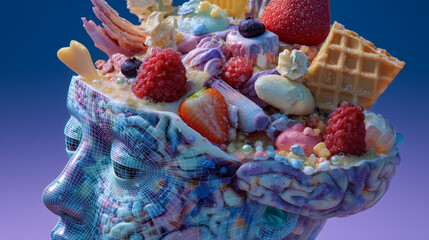 Surreal sculpture of a colorful dessert-filled head with various sweets and treats on top