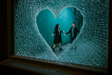 A fractured love story unfolds through a heart-shaped shard of broken glass, capturing the tension and vulnerability of two individuals.