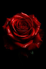 Macro professional shot of a velvety red rose, its petals unfolding in a mesmerizing display of nature's artistry, set against the stark contrast of a black backdrop.