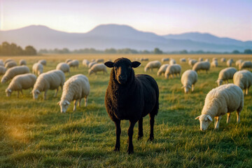 Fototapeta premium Be unique, be you: A striking black sheep stands out among a flock of white sheep grazing in a serene, sunlit pasture with mountains on the horizon.