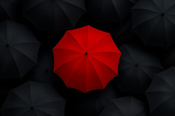 Elevated view captures a bold red umbrella amidst a sea of black ones, symbolizing uniqueness in uniformity, standing out, and individuality.