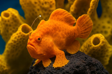 Observe the vibrant orange Frogfish (Antennarius pictus) perched atop a dark rock, amidst a backdrop of soft yellow sea sponges in the deep ocean depths.