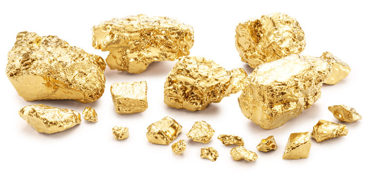 Gold nuggets on white background, clipping paths. Imitation of gold nuggets.