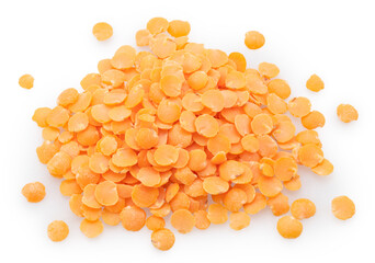 Pile of split red lentil seeds isolated on white background. File contains clipping paths.