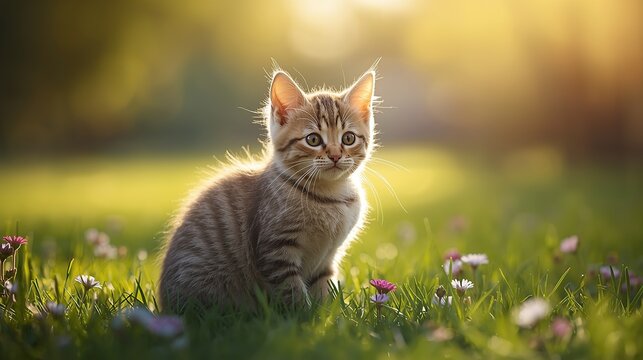 Cute cat kitten sitting on green grass in sunlight