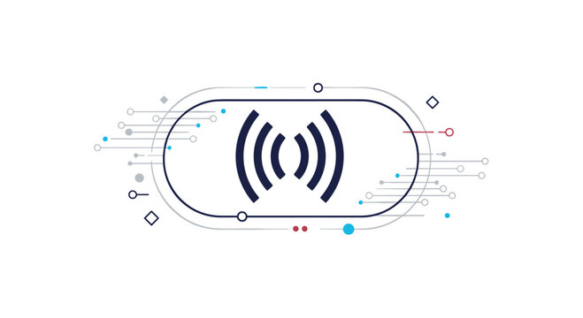 Wireless connection symbol encased in an oval shape, surrounded by abstract lines and dots, indicating data transmission.