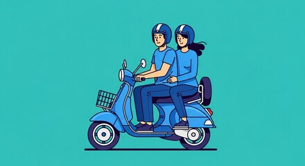 A couple wearing helmets rides a blue scooter together, enjoying a ride against a vibrant teal background