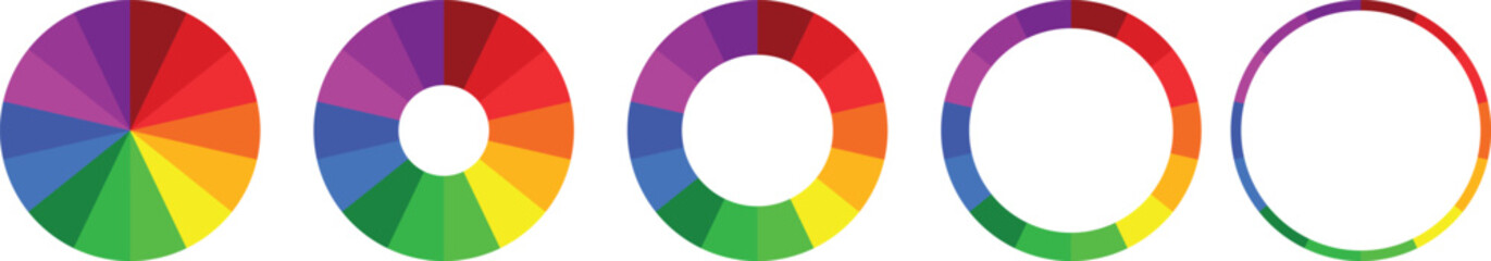 “Vibrant color wheel gradients showing full spectrum circle designs. Modern rainbow palette rings with smooth transition hues. Artistic color theory concept for design inspiration.”