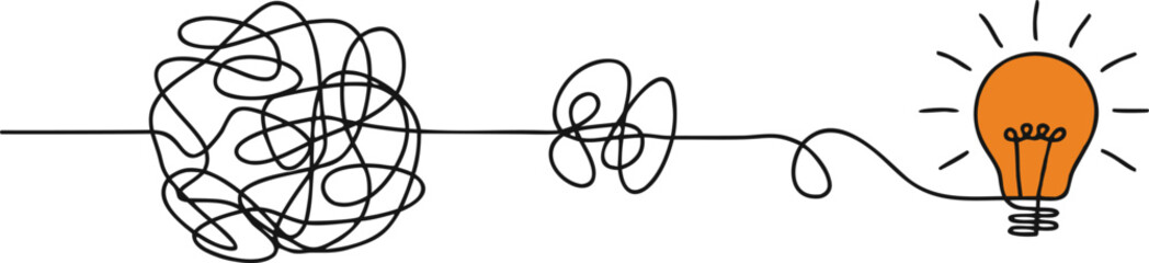 “Continuous line drawing of tangled chaos transforming into bright idea with light bulb. Concept of problem solving, creativity, and innovation. Minimalist design for motivation and success themes.” © Sk