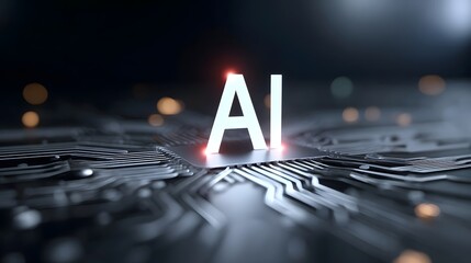 This abstract digital art depicts the concept of intelligence with bright     lettering illuminated atop a complex futuristic circuit board evoking themes of innovation data processing