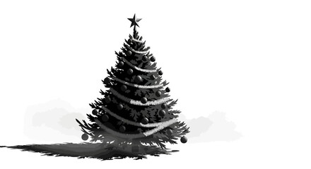 Stunning monochrome Christmas tree with star and ornaments casts dramatic shadow, perfect for elegant holiday designs and festive marketing campaigns.