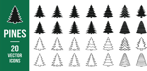 Fototapeta premium Set of twenty pine, fir, and spruce tree icons. Simple black silhouette and line art vector graphics for nature and holiday designs