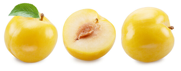 Collection of ripe yellow chinese plums and plum half isolated on white background. File contains clipping paths.