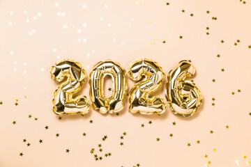 New year 2026 celebration card mockup. Gold foil helium balloon number 2026, party decoration, gold...