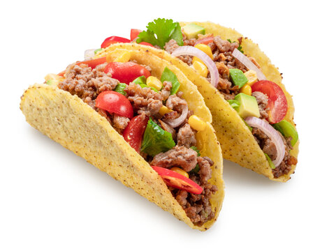 Mexican meat taco or beef stuffed tortilla isolated on white background. File contains clipping path. - Powered by Adobe