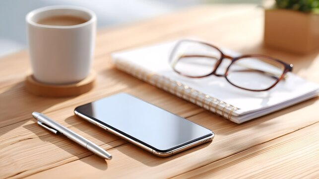 An organized wooden desk displays essential items for work or study a coffee cup a sleek smartphone a spiral bound notebook and stylish eyeglasses illuminated by natural light