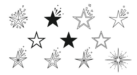 Fototapeta premium Diverse collection of star icons in various styles, some solid, some outlined, and others featuring dynamic light effects.
