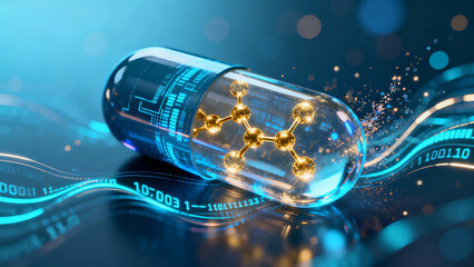 Cyberpunk Micro Tech Transparent Capsule Glowing Molecules AI Biopharmaceutical
