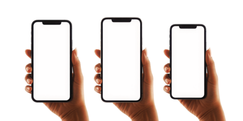 Three hands holding smartphones with blank screens for app mockup