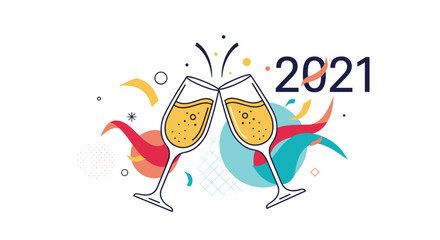 Two champagne glasses clinking together, with "2021" and abstract celebratory shapes, representing New Year's toast.