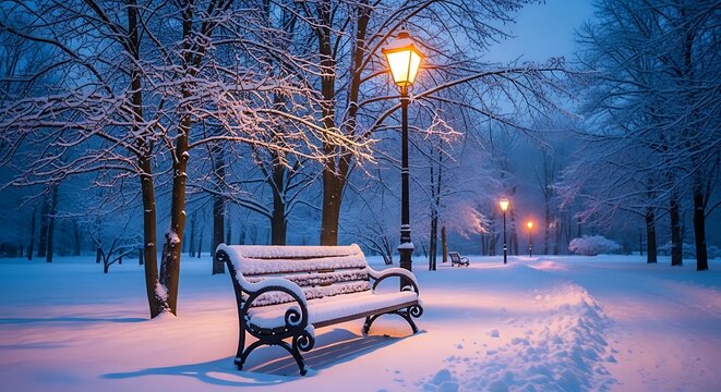 Winter Tranquility Snowy Park Bench Under a Warm Lamplight
