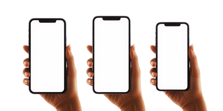 Three hands holding smartphones with blank screens for app mockup - Powered by Adobe