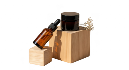 Wooden blocks with glass bottles and dry flowers isolated on transparent background