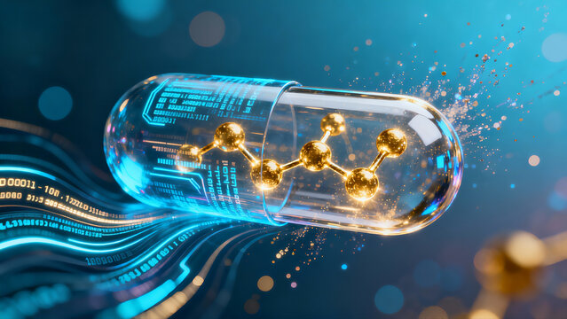 Cyberpunk Micro Tech Transparent Capsule Glowing Molecules AI Biopharmaceutical - Powered by Adobe