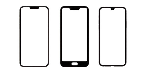 Three modern smartphones with blank screens, mobile technology concept