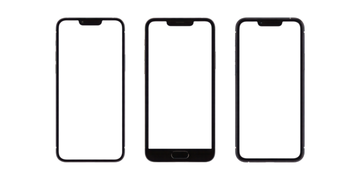 Three modern smartphones mockups with blank screens for app designs