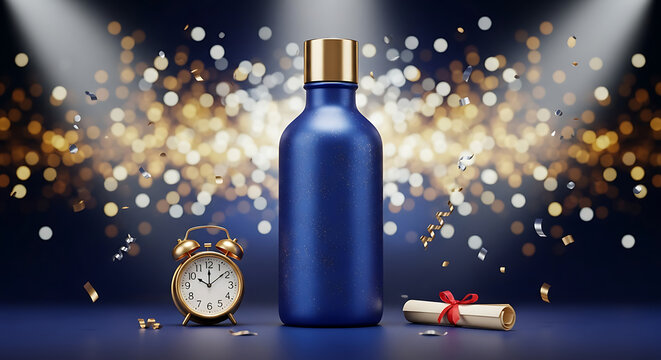 Elegant Blue Bottle Celebration New Beginnings and Golden Moments Unveiled