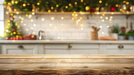 Kitchen with a Christmas tree and a Christmas wreath