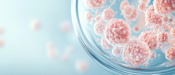 Microscopic view of cell clusters within a clear laboratory vessel, showing detailed structures for biological research.