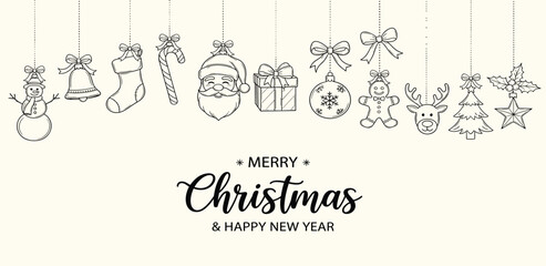 Fototapeta premium Minimalist hand-drawn illustration of hanging Christmas ornaments and decorations with a festive holiday greeting on a light background