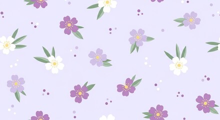 Fototapeta premium Seamless pattern of delicate purple and white flowers with green leaves on a light purple background