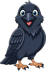 Cute cartoon black crow with happy expression, smiling bird character illustration, funny animal mascot design for children and education.