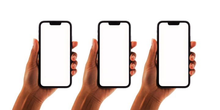 Three hands holding modern smartphones with white screens for apps
