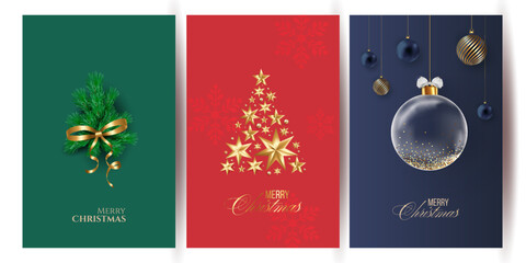 Merry Christmas and Happy New Year background for Greeting cards with tree Branches christmas tree gold paper and gold stars. Merry Christmas vector text Calligraphic Lettering Vector illustration