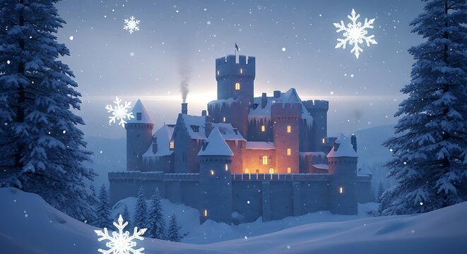 Cozy medieval castle glowing with warm lights during a magical snowy winter evening landscape