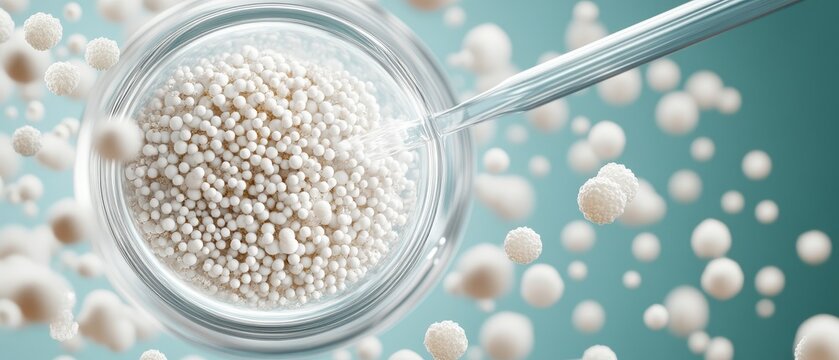 Cellular research in laboratory dish with pipette collecting spheres floating in liquid, representing biotechnology science.