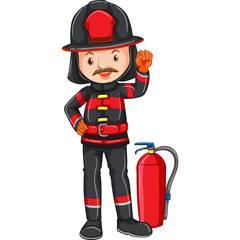 Cartoon Firefighter Man Wearing Red and Black Uniform and Helmet Standing Next to a Red Fire Extinguisher on a Transparent Background